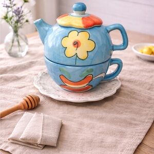 Blue Hand-Painted Floral Ceramic Teapot For One